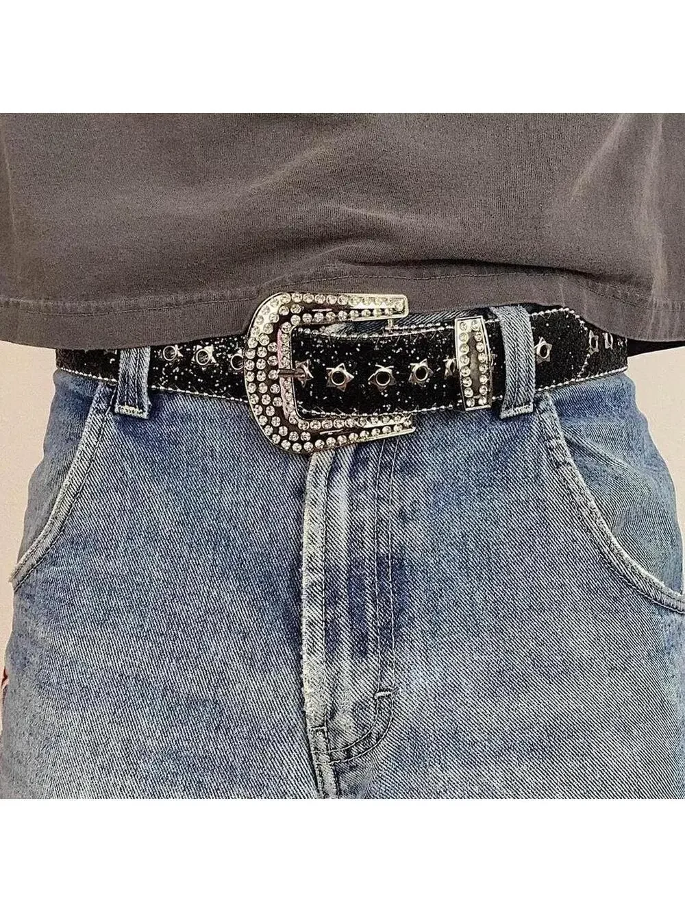 Cyber 2000s Y2k Style Studded Black and Silver 2-Tone Rhinestone belt. Cool